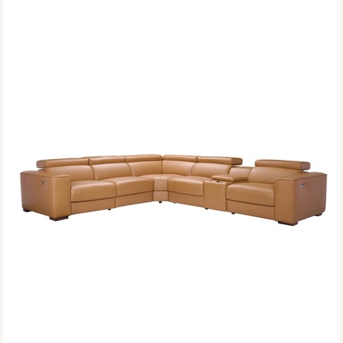 Used Caramel Leather Reclining Sectional for sale on AptDeco