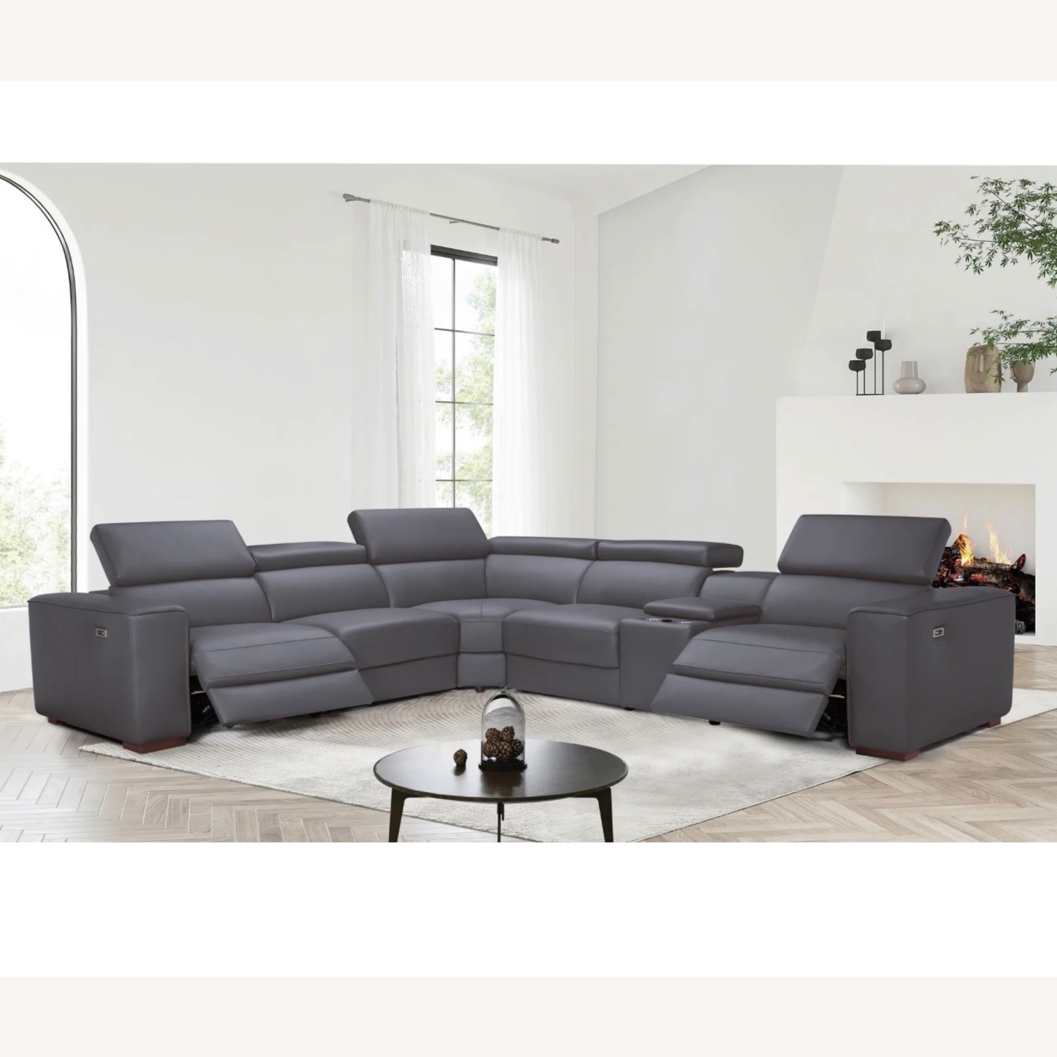 Dark Grey Leather Reclining Sectional - image-5