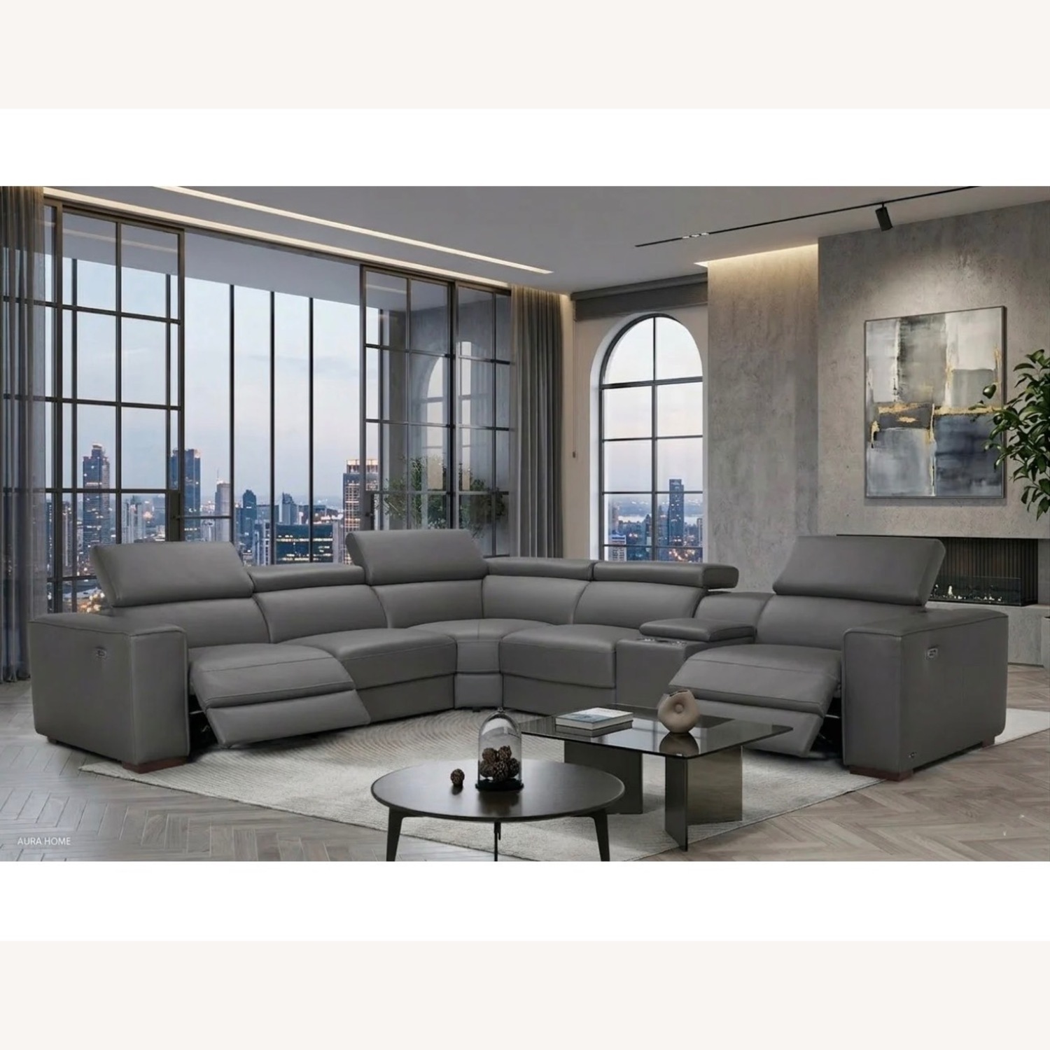 Dark Grey Leather Reclining Sectional - image-6