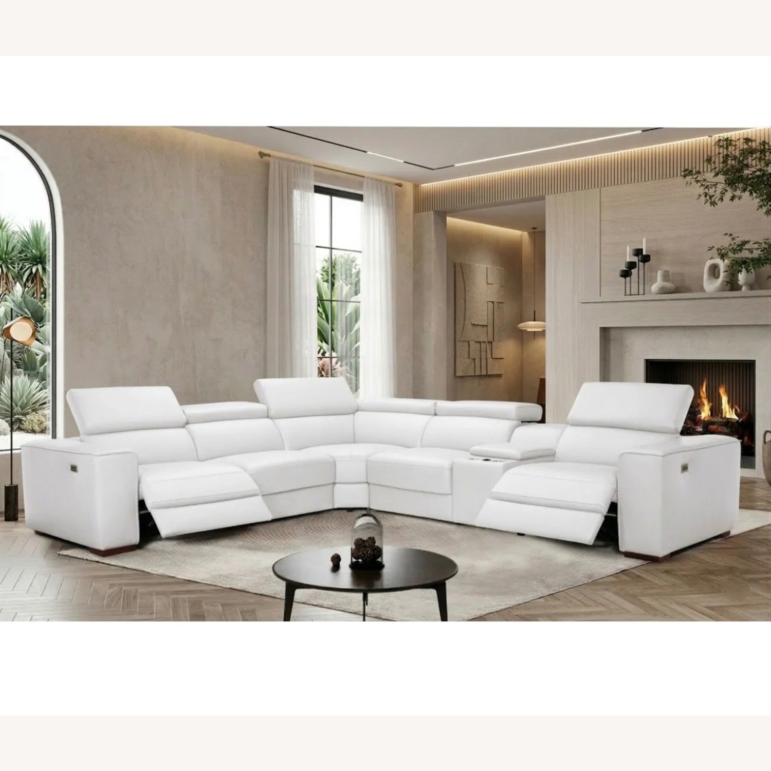 White Leather Reclining Sectional - image-6