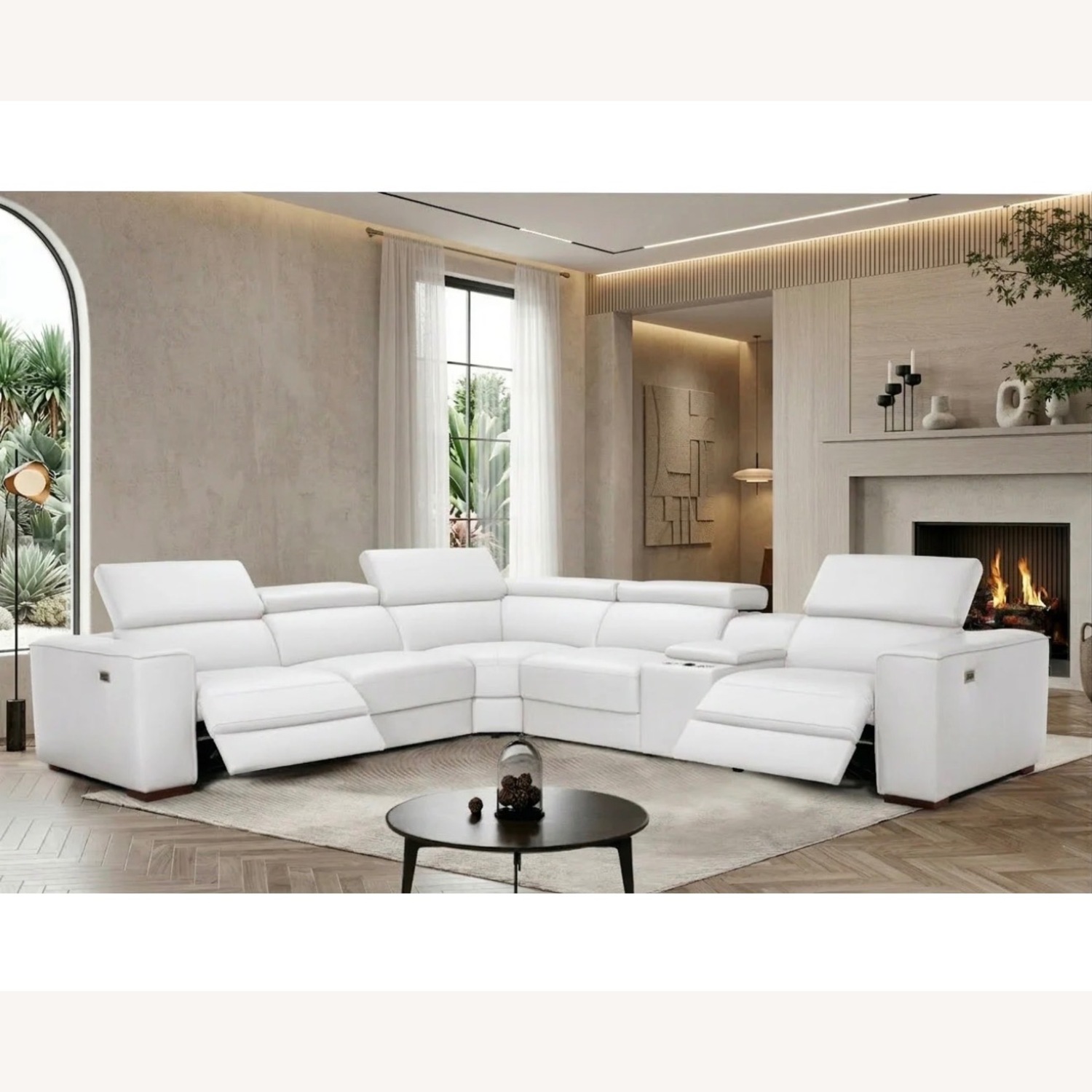 White Leather Reclining Sectional - image-5