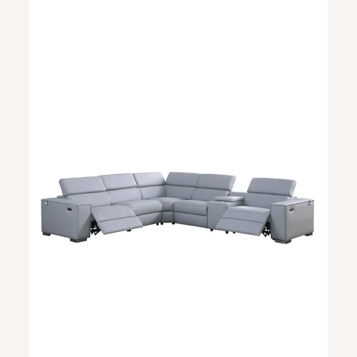 Used Light Blue Leather Reclining Sectional for sale on AptDeco