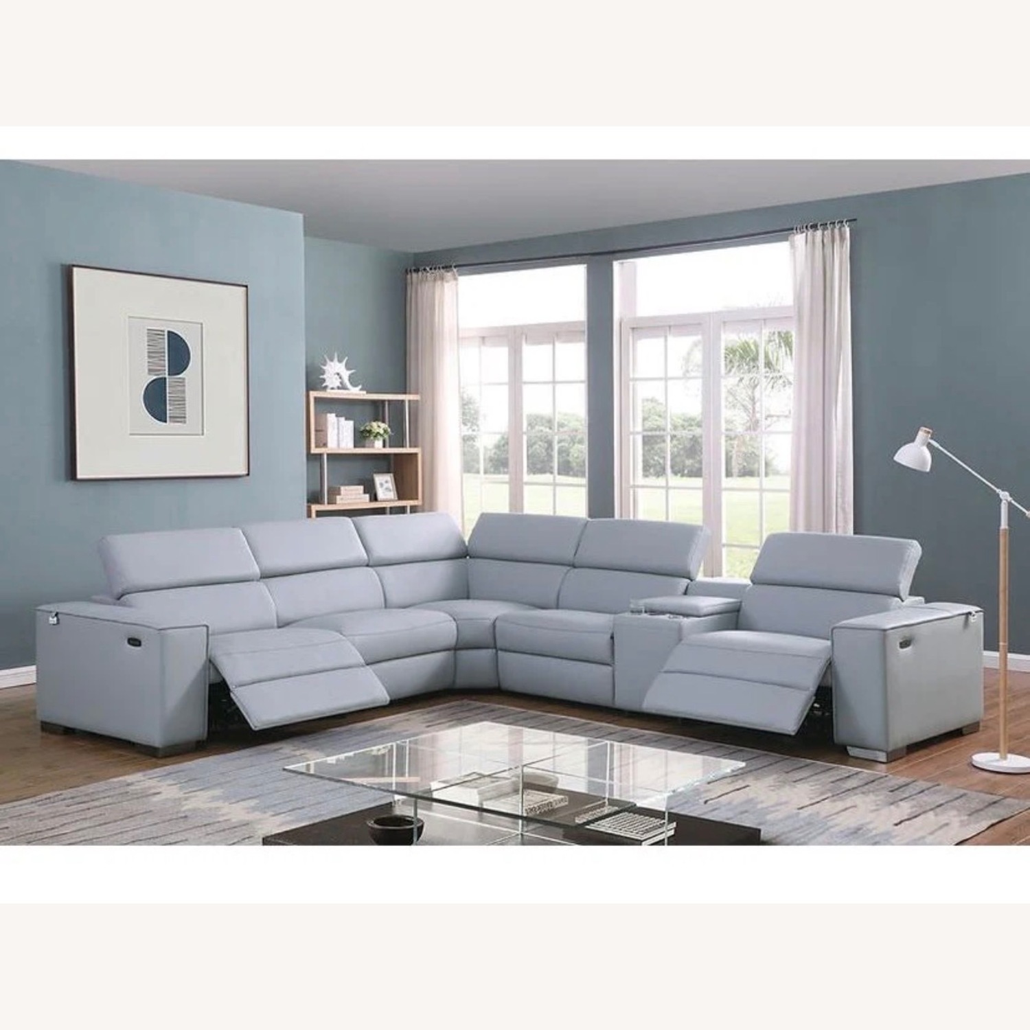 Light Blue Leather Reclining Sectional - image-9