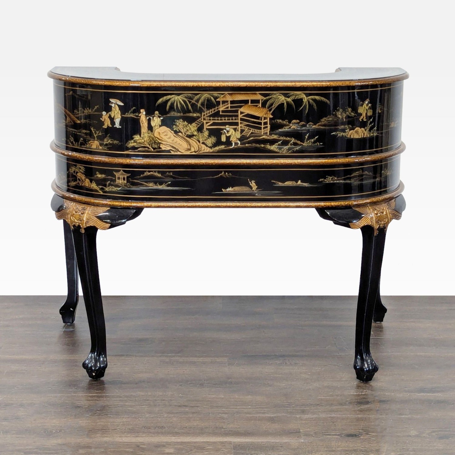 Hand-Painted Chinoiserie Desk and Chair in Black - image-8