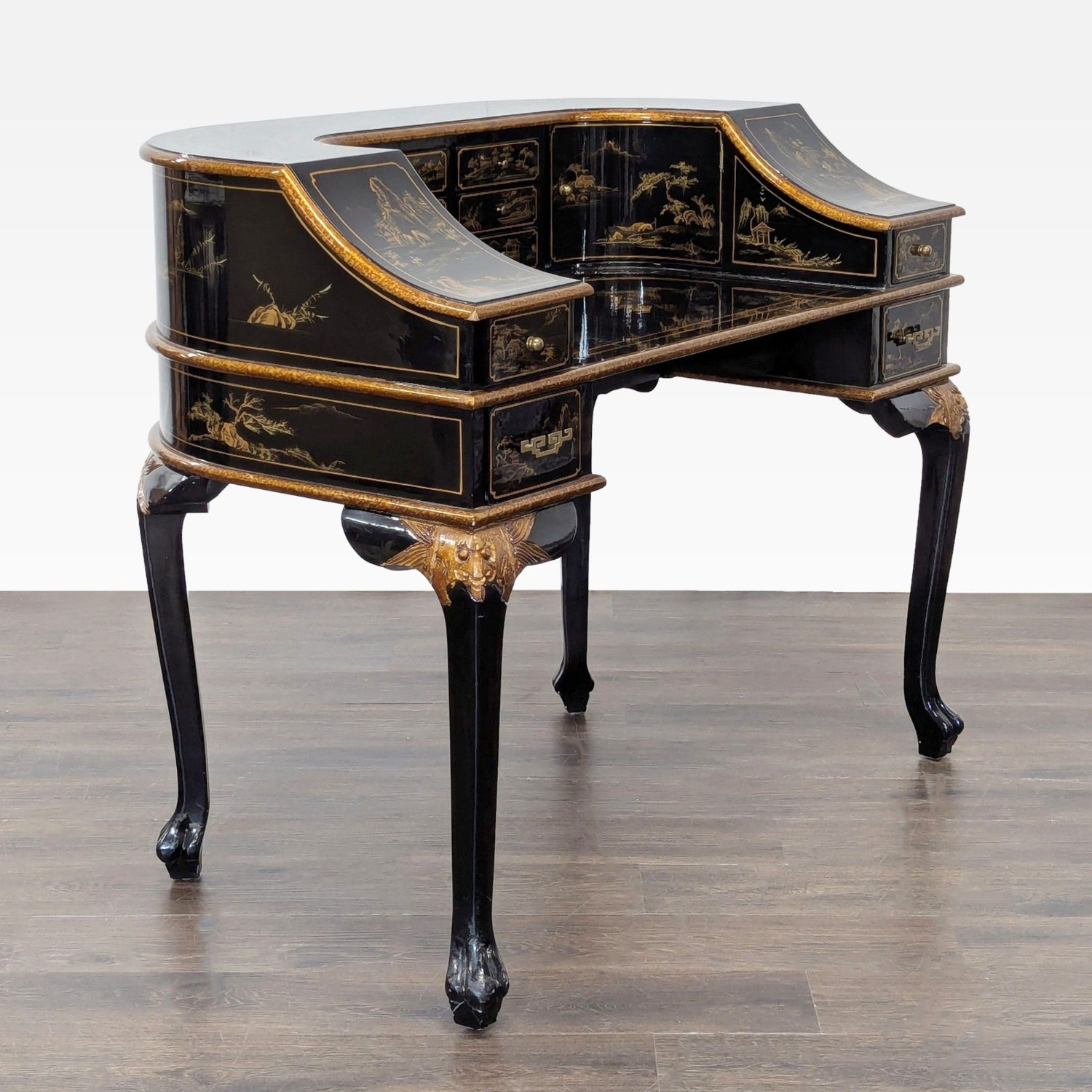Hand-Painted Chinoiserie Desk and Chair in Black - image-6