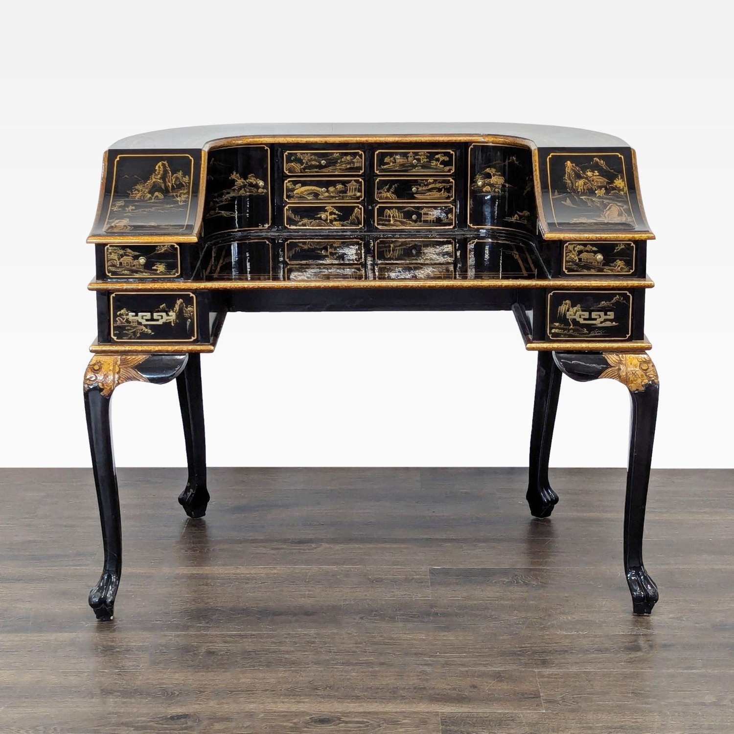 Hand-Painted Chinoiserie Desk and Chair in Black - image-10