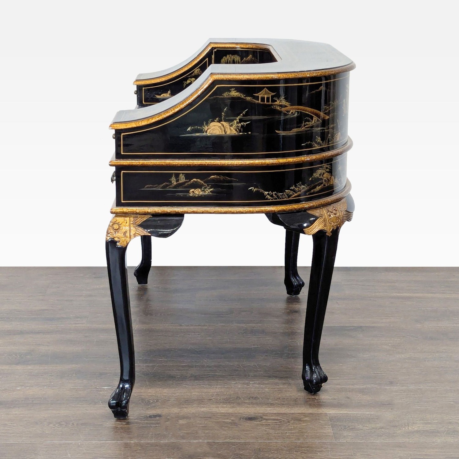 Hand-Painted Chinoiserie Desk and Chair in Black - image-1