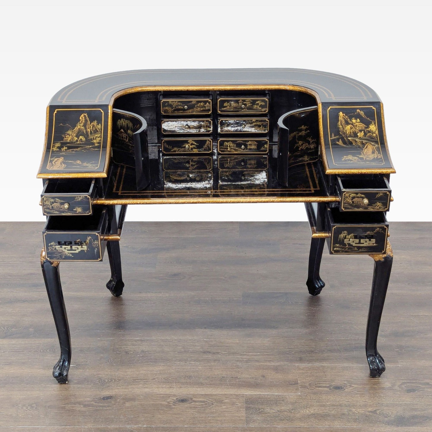 Hand-Painted Chinoiserie Desk and Chair in Black - image-9