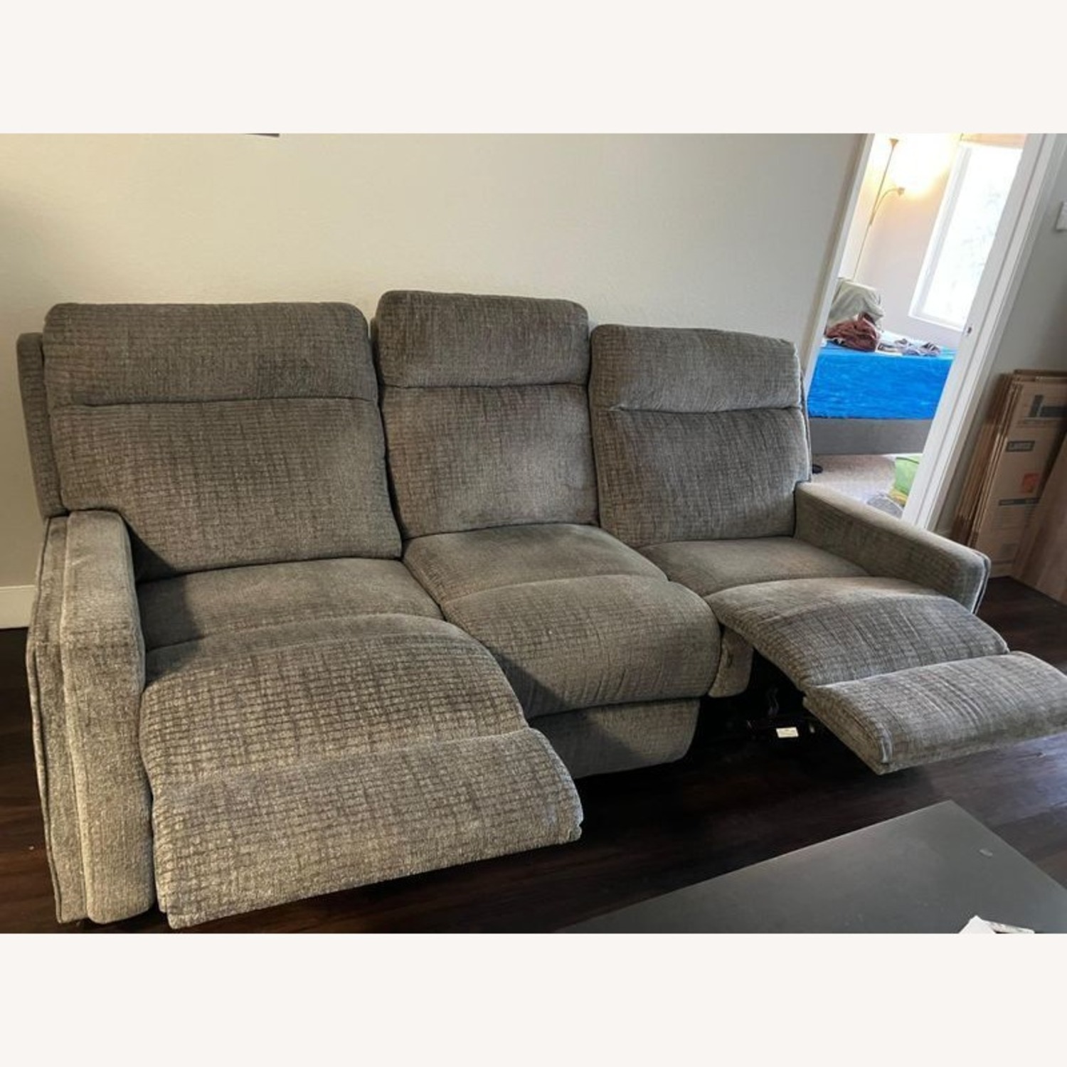 Living Spaces 3-Seat Reclining Sofa in Gray Fabric - image-1