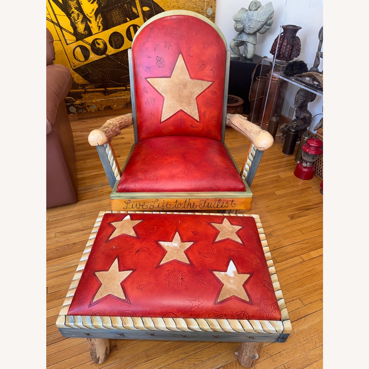 Sticks Leather Wood Hand Painted Chair Ottoman Set - image-1