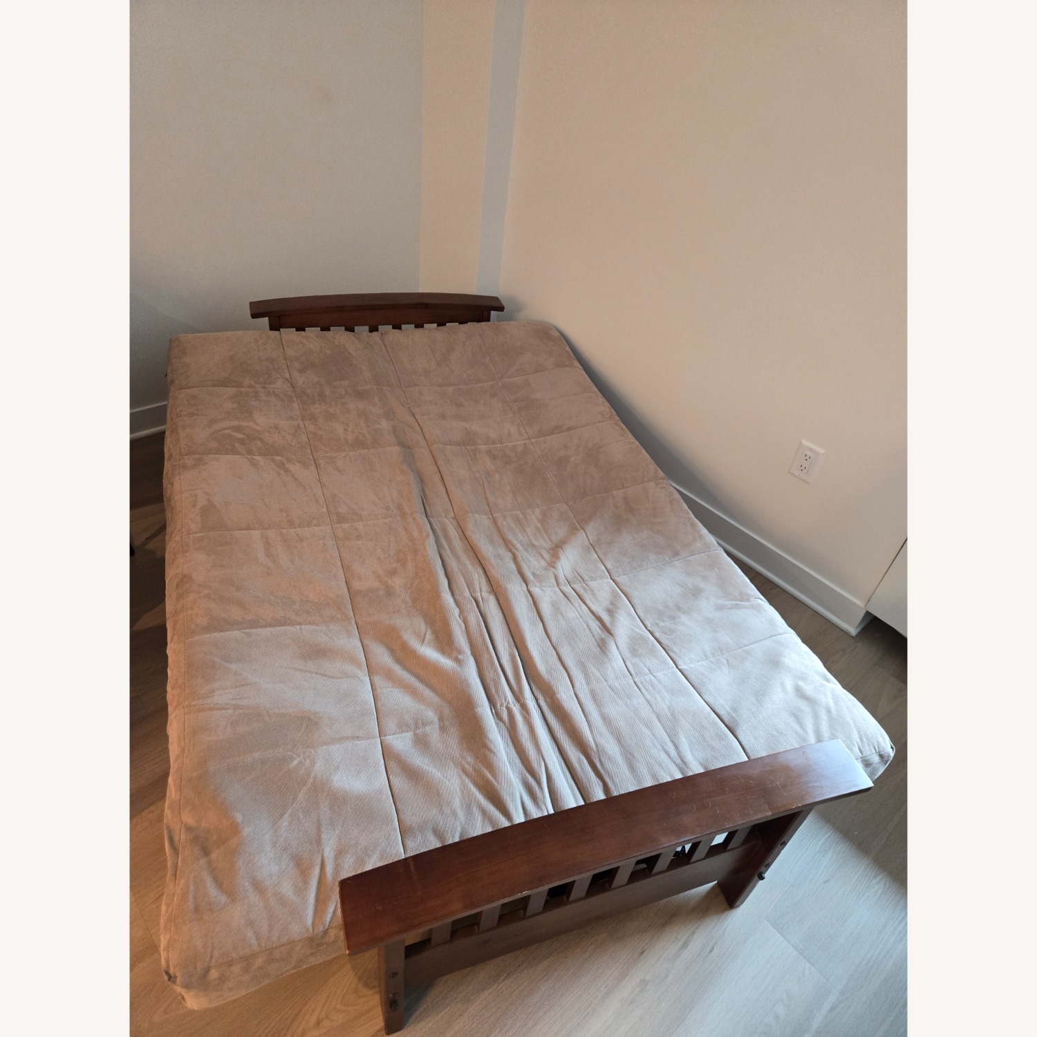 Sofa Bed Beige Wooden Frame - image-2
