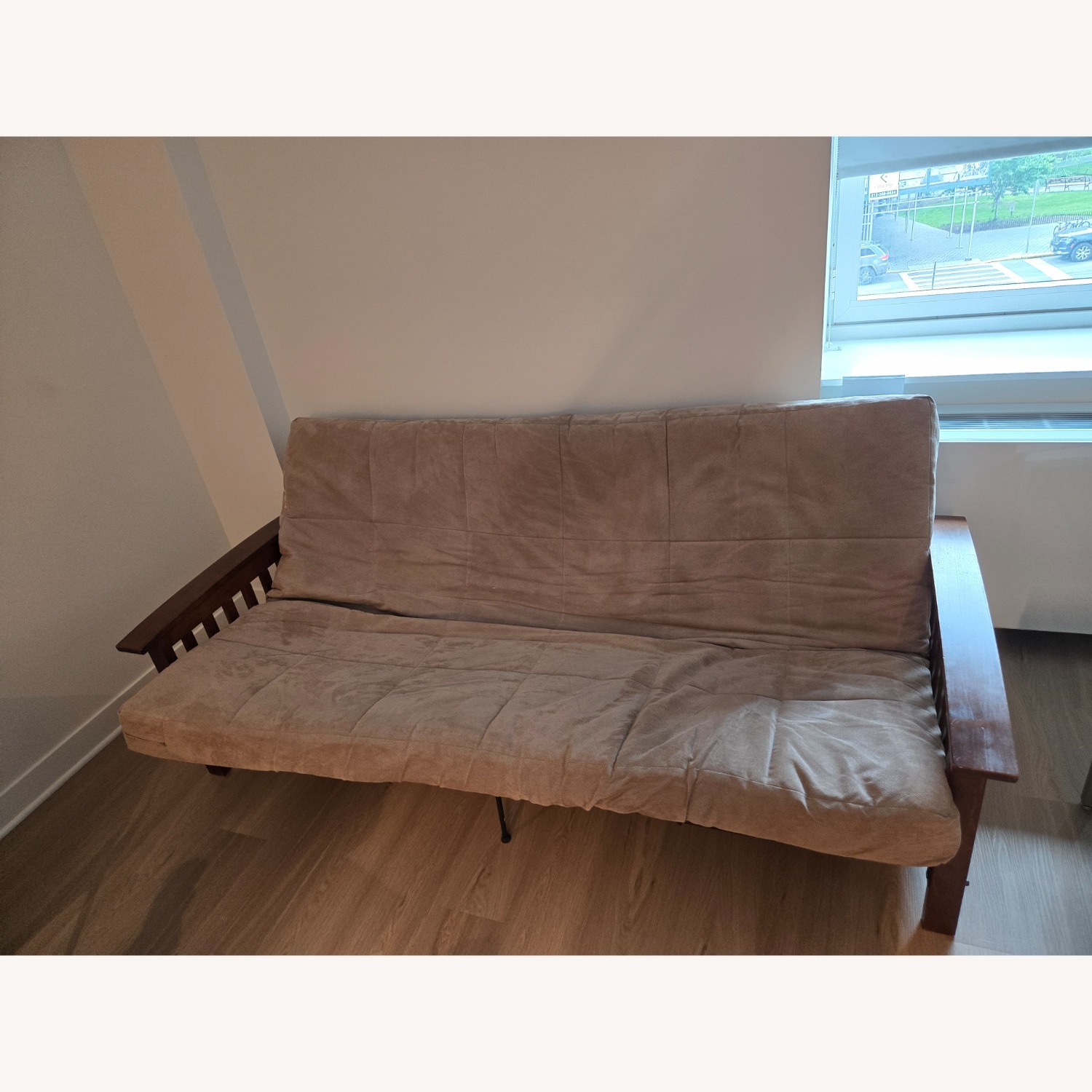 Sofa Bed Beige Wooden Frame - image-1
