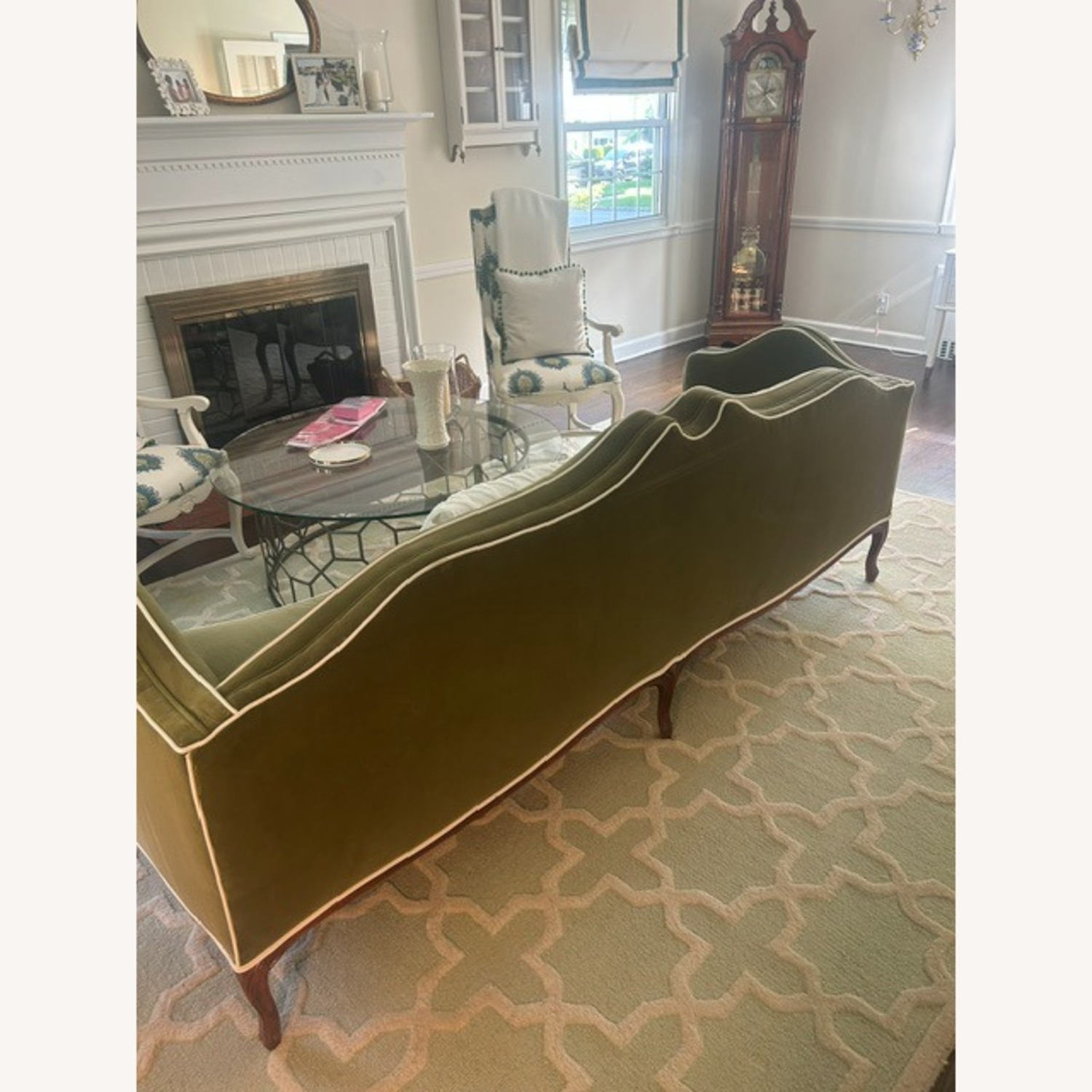 Vintage/Antique Green Velvet Sofa W White Piping - image-6