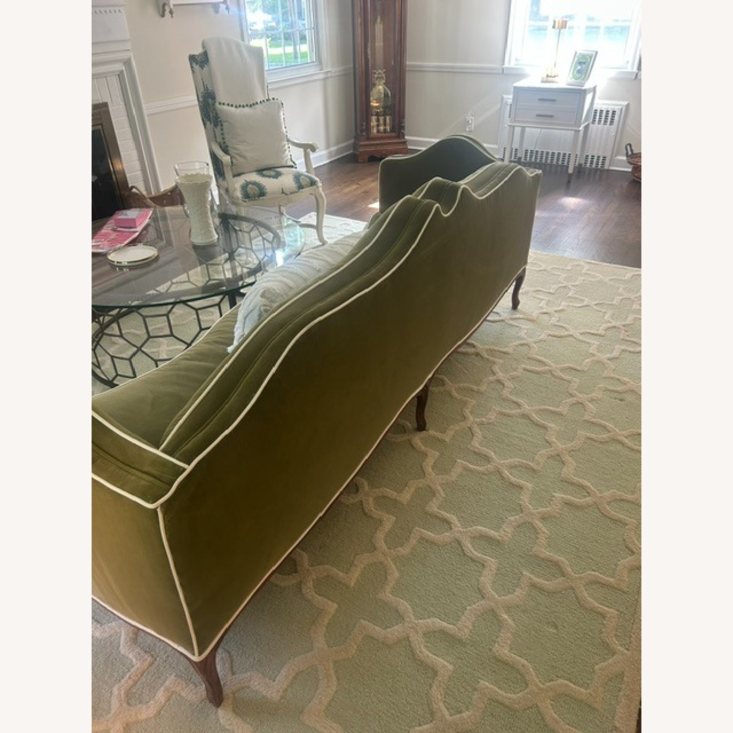 Vintage/Antique Green Velvet Sofa W White Piping - image-5