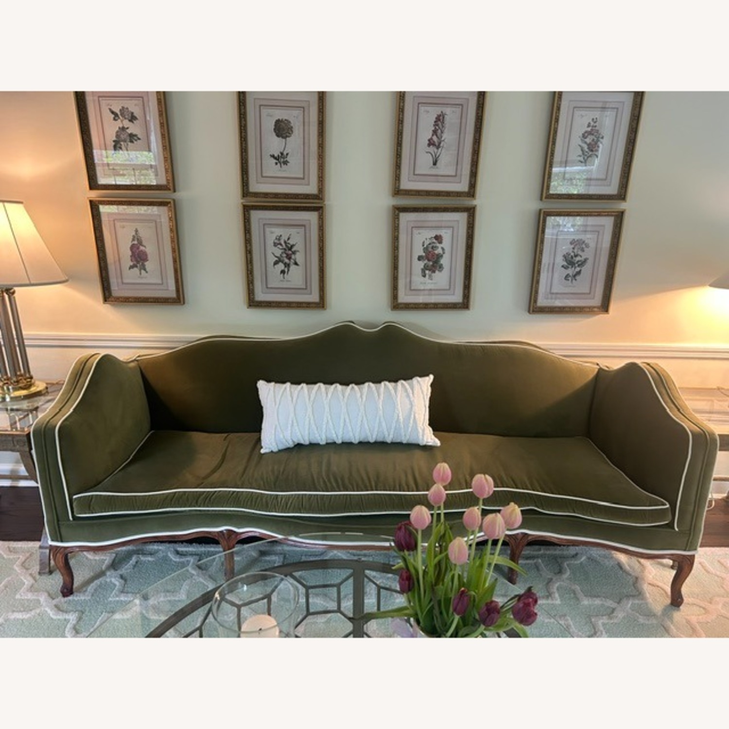 Vintage/Antique Green Velvet Sofa W White Piping - image-2
