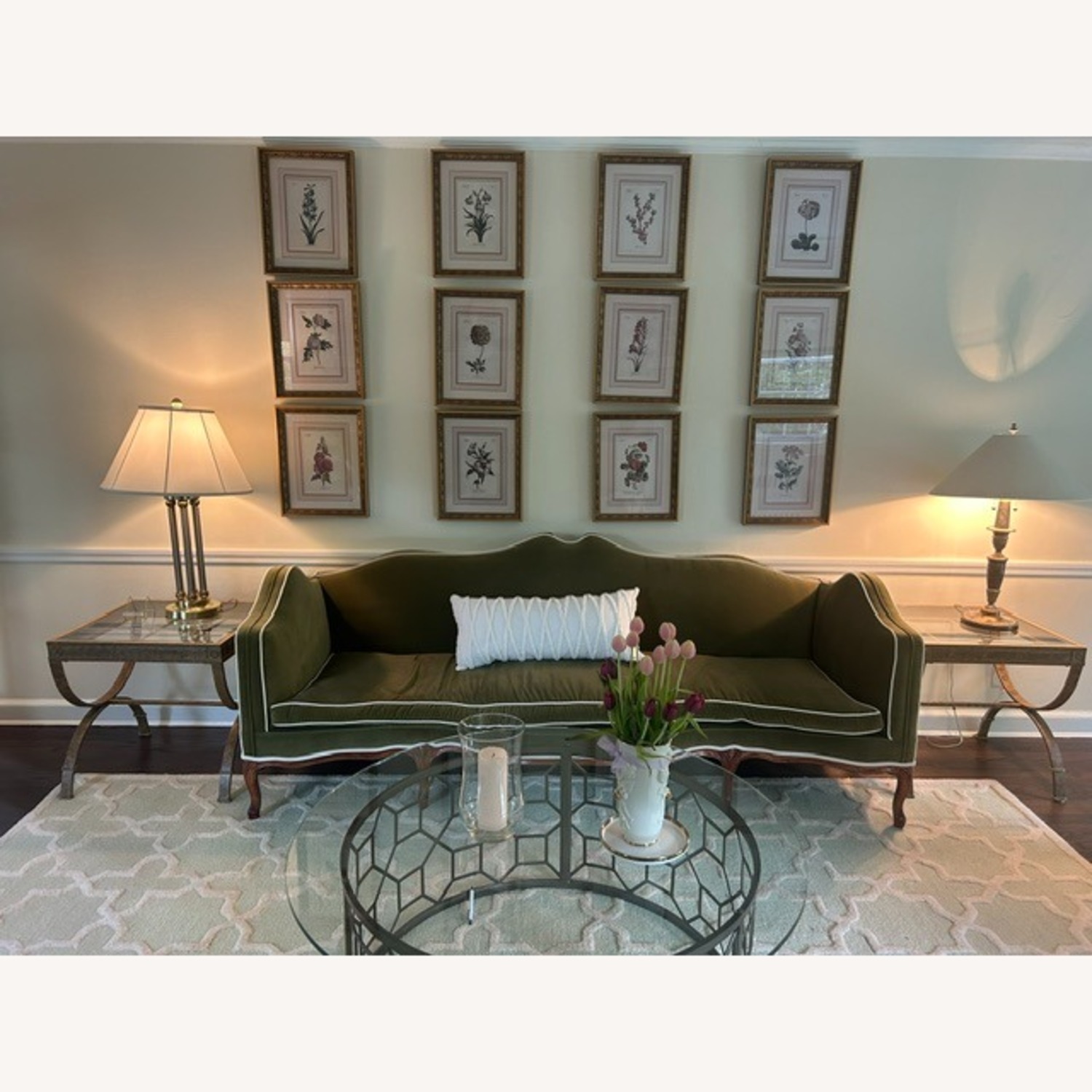 Vintage/Antique Green Velvet Sofa W White Piping - image-1