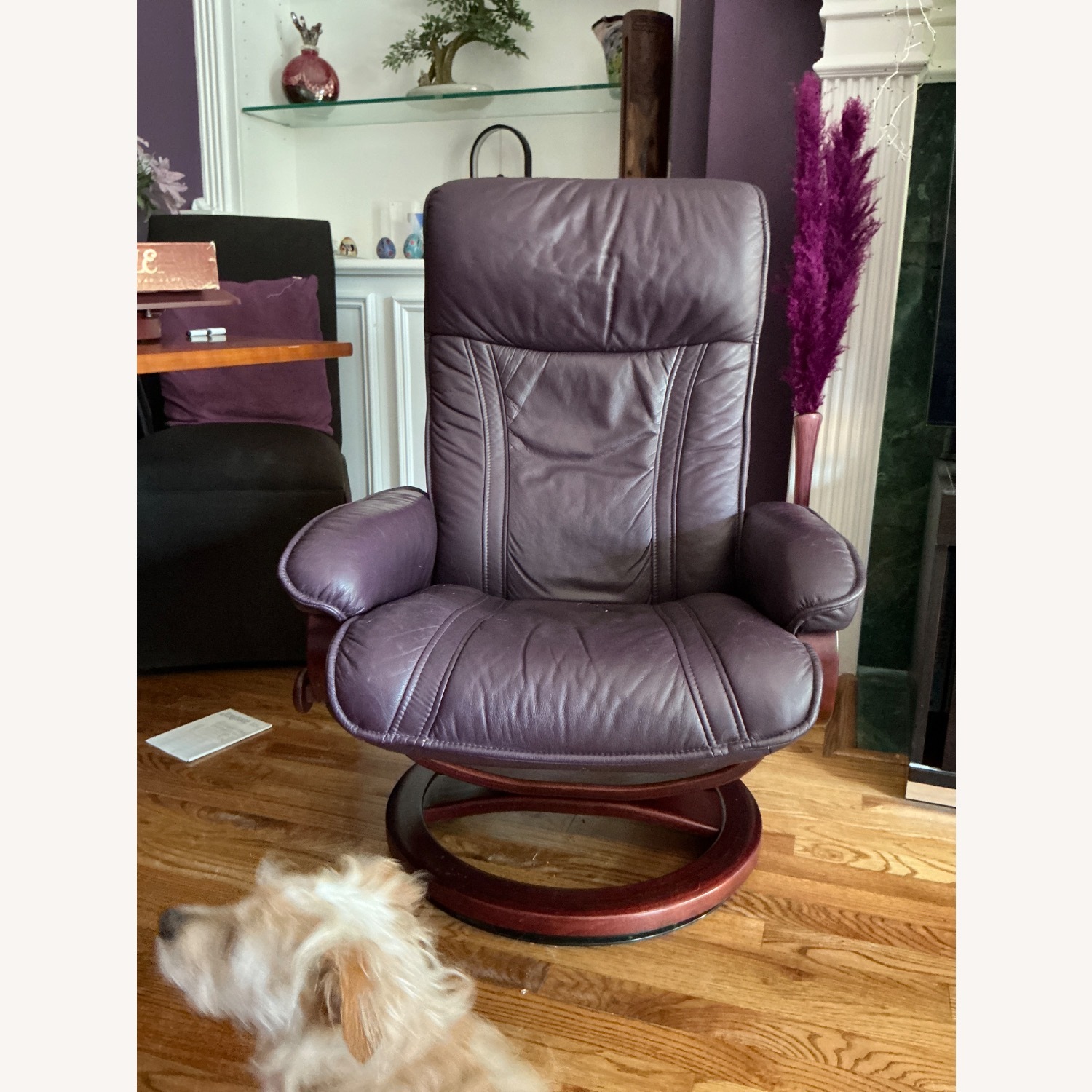 Natuzzi Purple Leather Recliner with Footstool - image-1