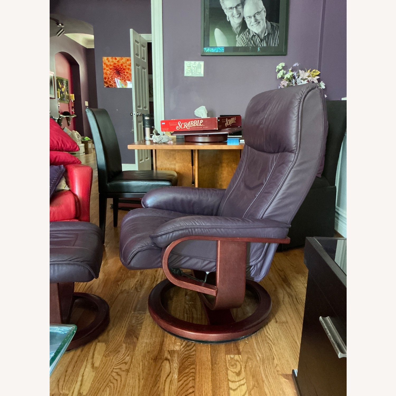 Natuzzi Purple Leather Recliner with Footstool - image-4