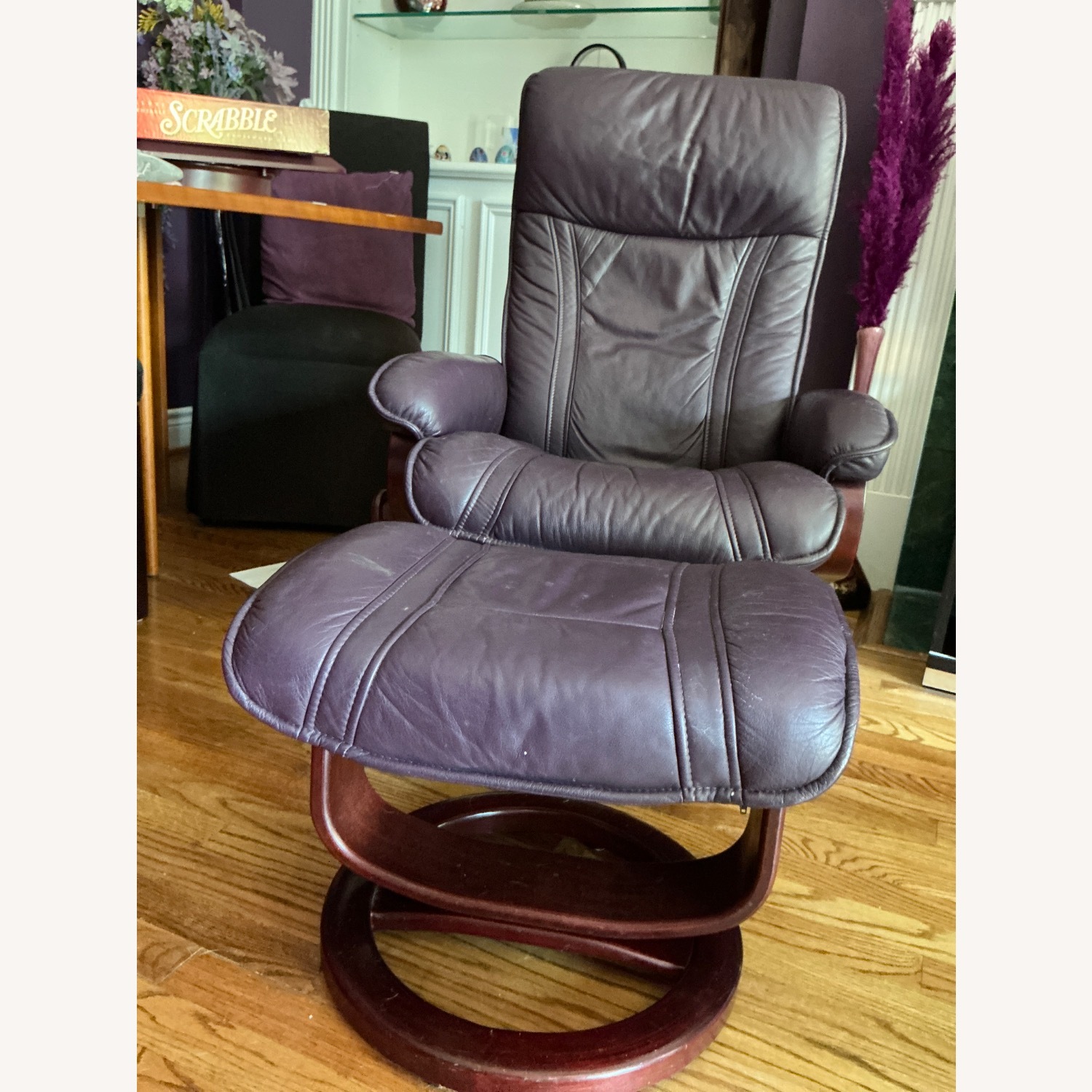 Natuzzi Purple Leather Recliner with Footstool - image-2