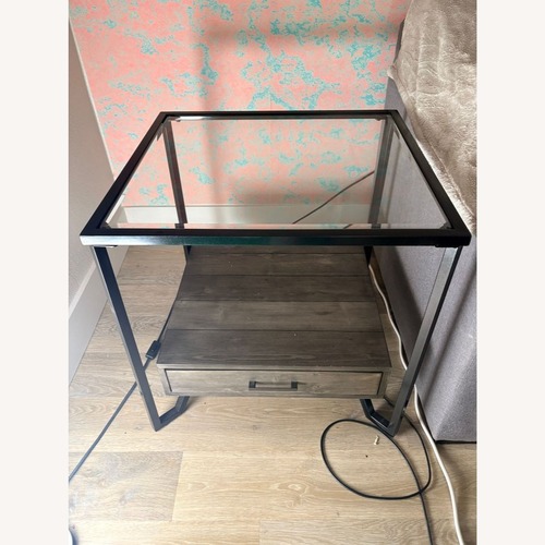 Used Pair of Glass Top End Tables Each with a Drawer for sale on AptDeco