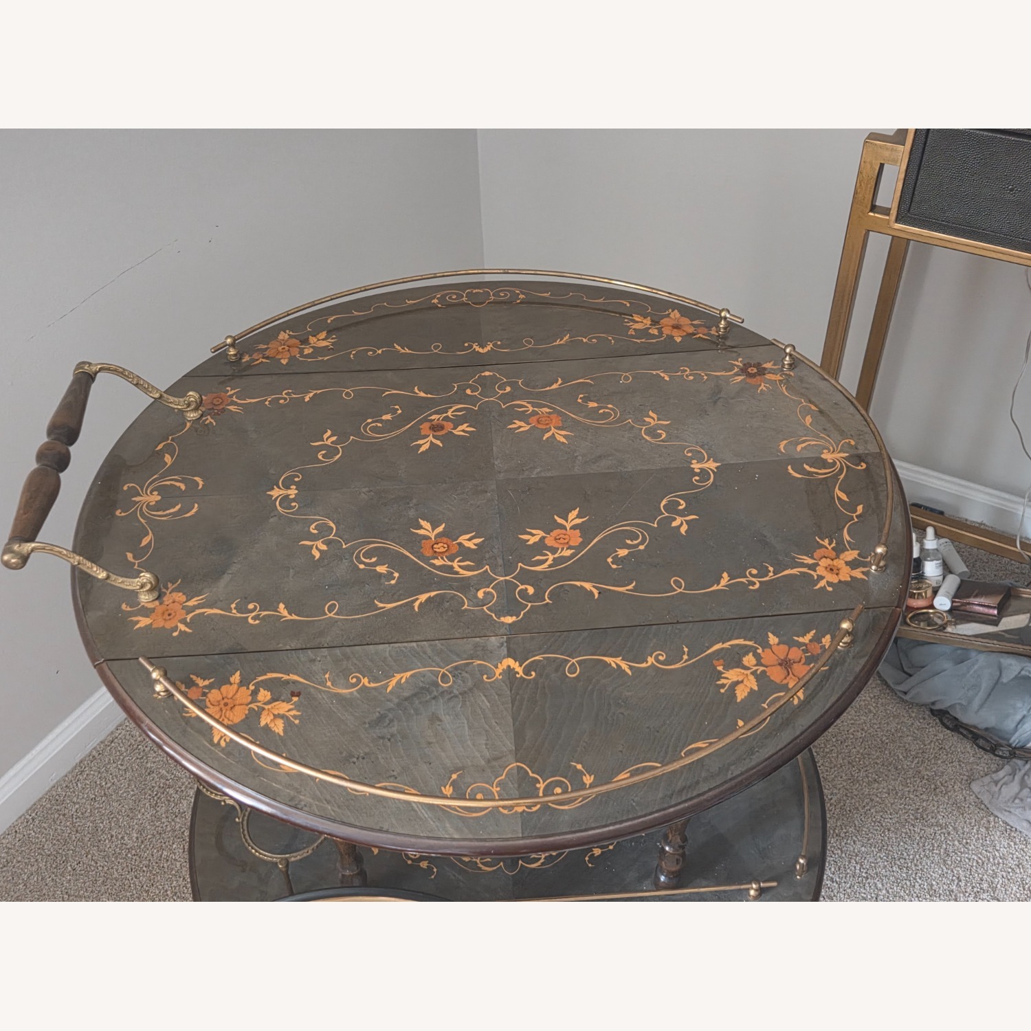 Vintage/Antique Finds Dark Brown Brass Bar Cart - image-8