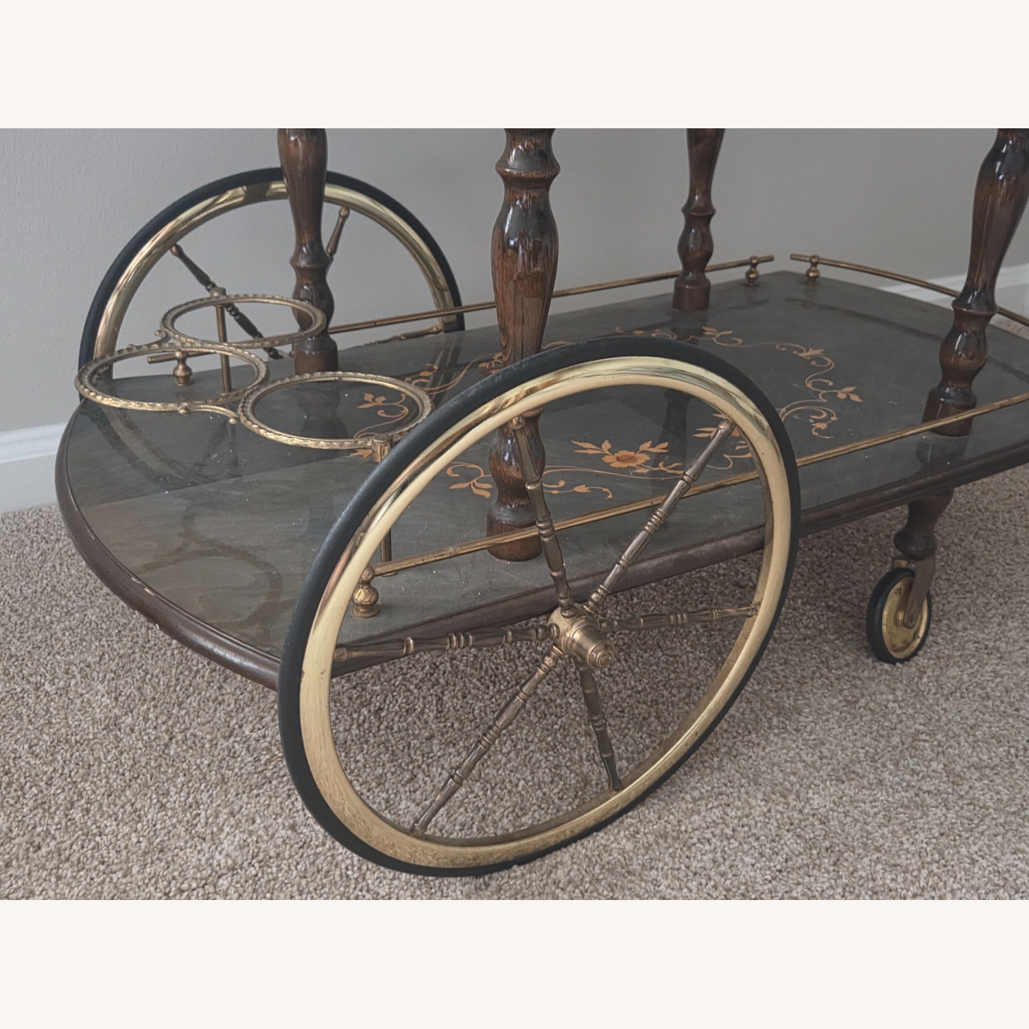 Vintage/Antique Finds Dark Brown Brass Bar Cart - image-6