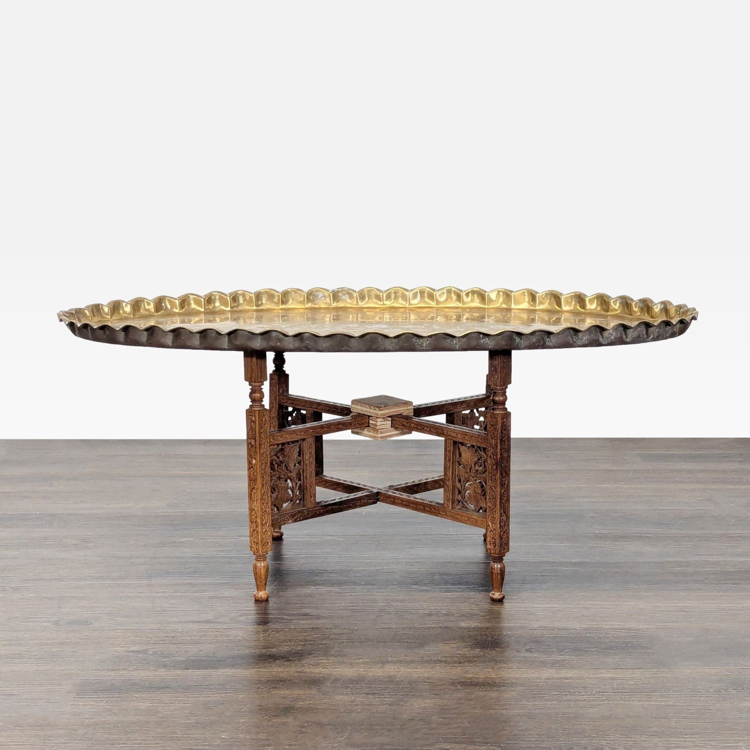 Brass Tray Top Coffee Table on Wood Stand	 - image-8