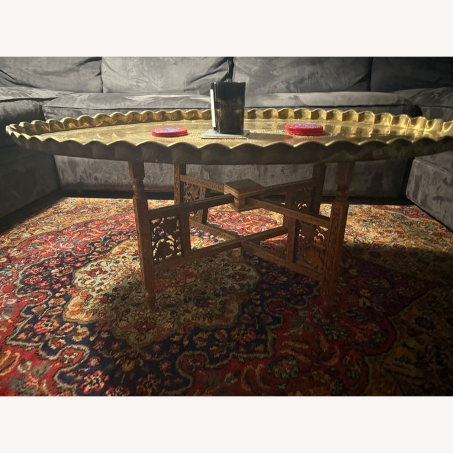 Brass Tray Top Coffee Table on Wood Stand	 - image-2