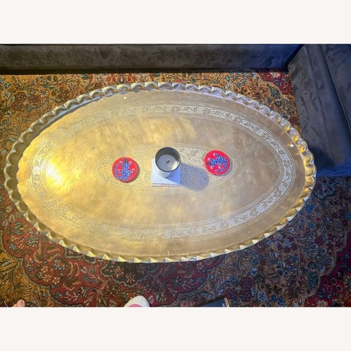 Used Brass Tray Top Coffee Table on Wood Stand	 for sale on AptDeco