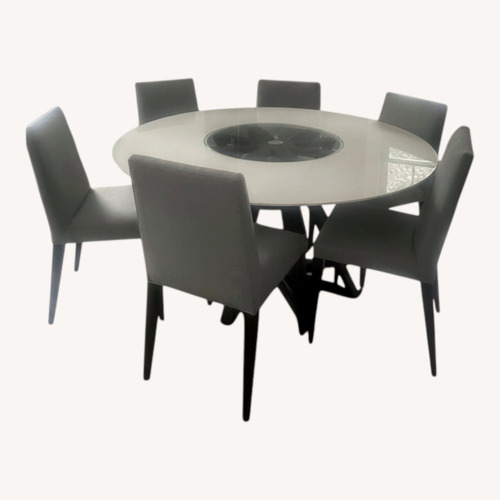 Used White Lacquer Dining Table Wood Base + 6 Chairs for sale on AptDeco