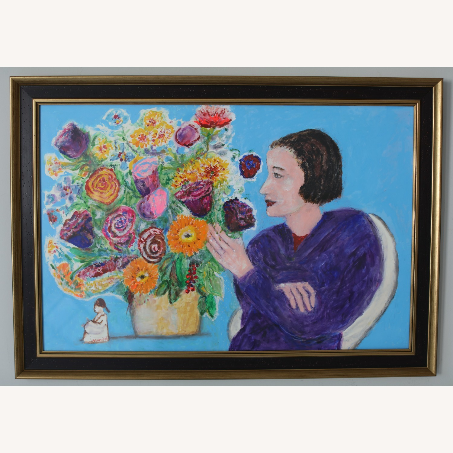 Original Gouache Painting of Woman with Flowers - image-1