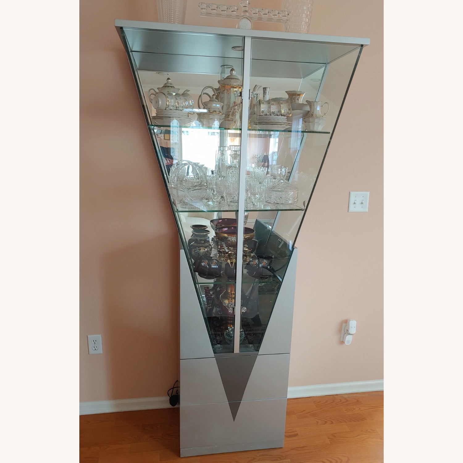 Silver Triangular Curio W Mirrored Interior - image-1