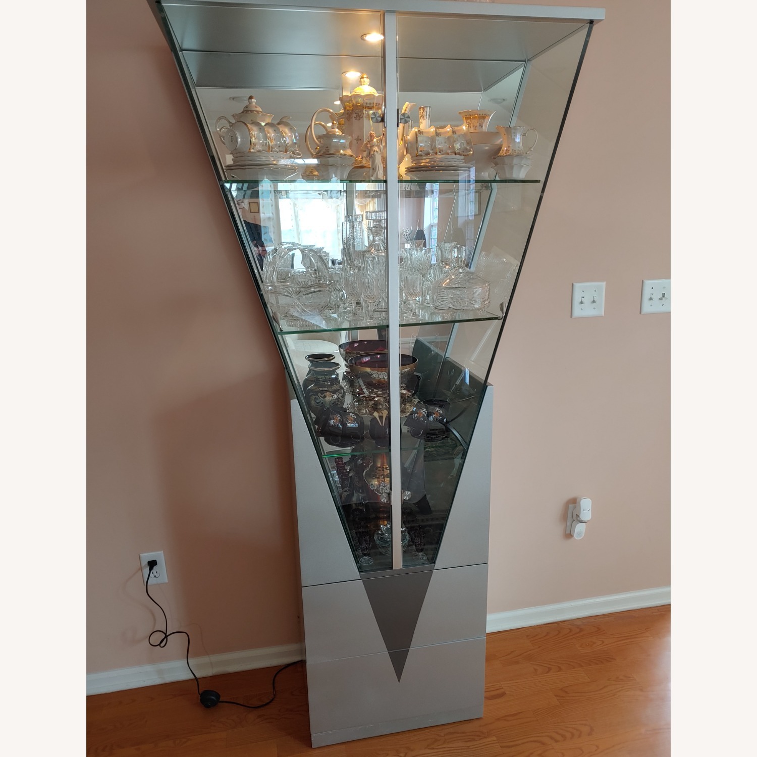 Silver Triangular Curio W Mirrored Interior - image-3