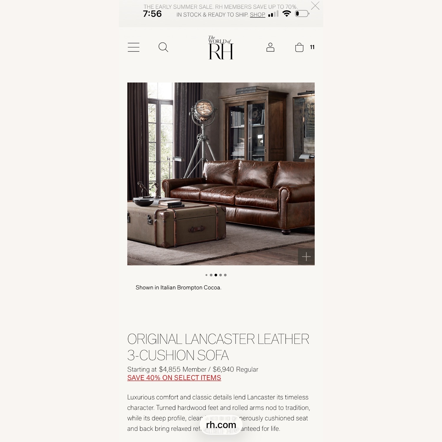 Restoration Hardware Original Lancaster Leather Sofa - image-8