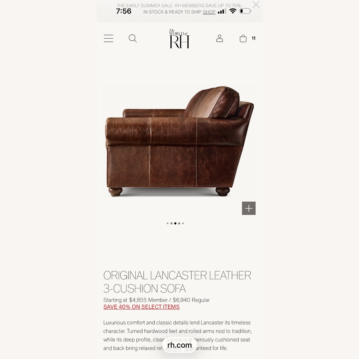 Restoration Hardware Original Lancaster Leather Sofa - image-9
