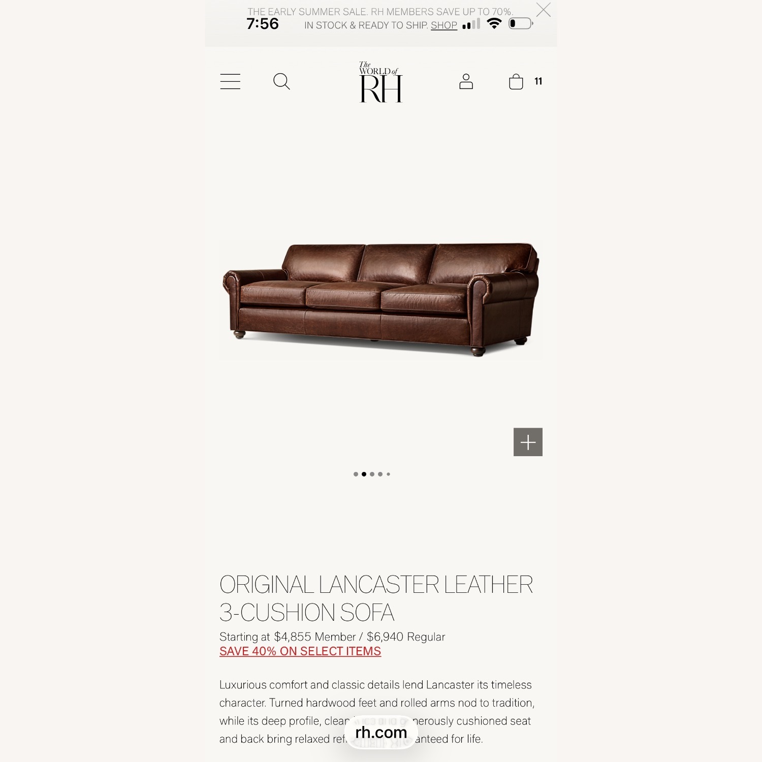 Restoration Hardware Original Lancaster Leather Sofa - image-7