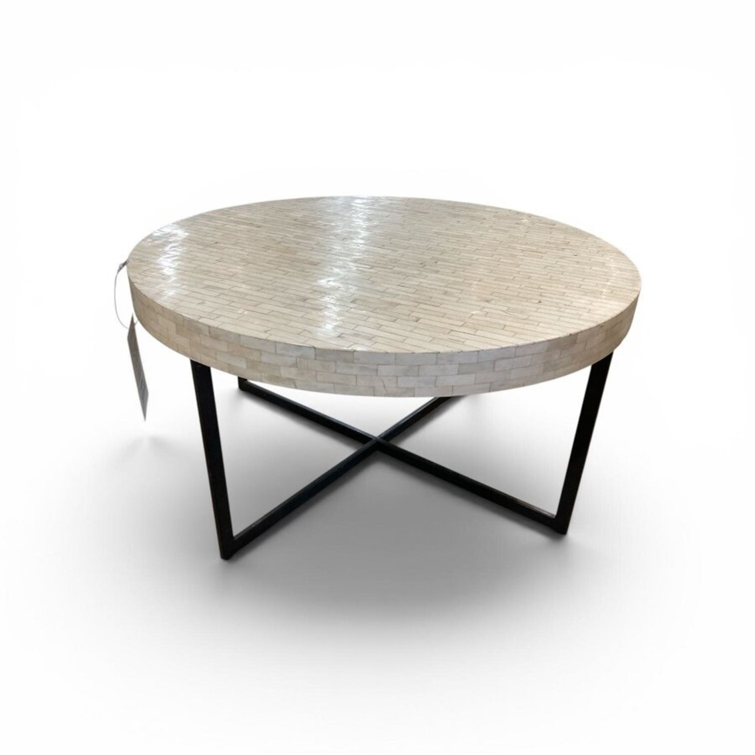 Bone Inlay Mosaic Metal Cross Base Coffee Table - image-1