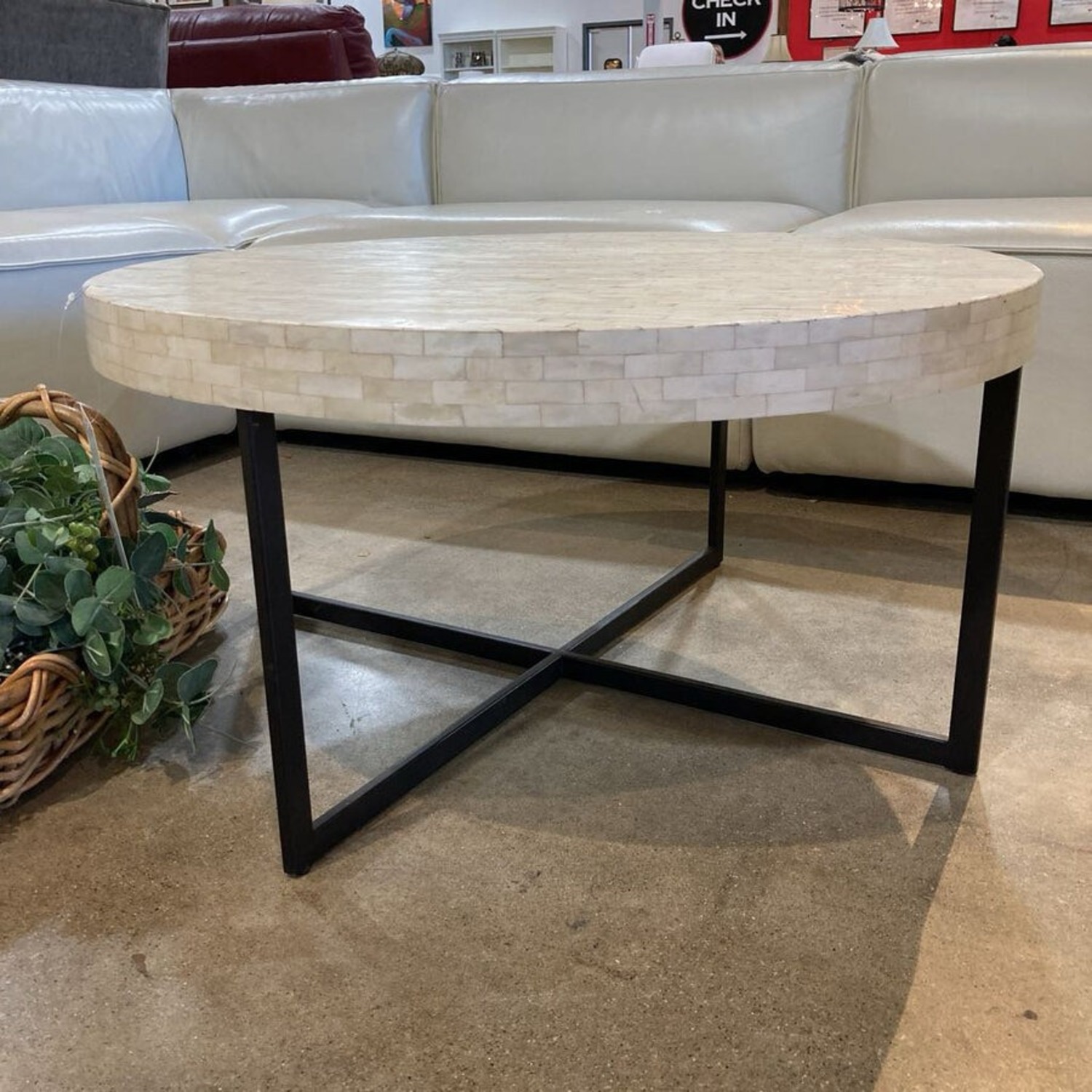 Bone Inlay Mosaic Metal Cross Base Coffee Table - image-3