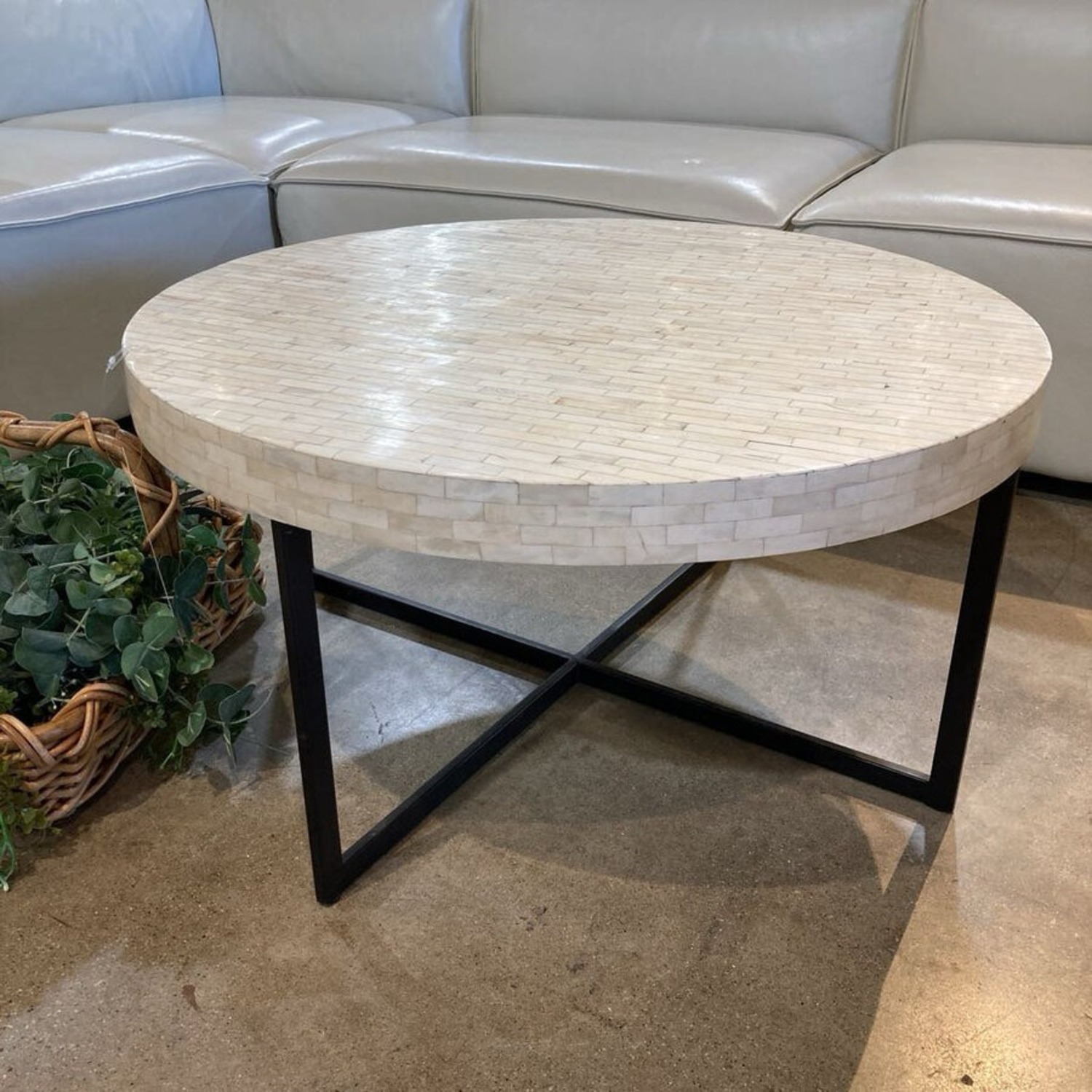 Bone Inlay Mosaic Metal Cross Base Coffee Table - image-2