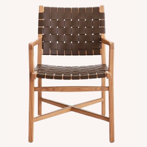 Used Crate & Barrel Taj Brown Woven Leather Dining Chair with Arms for sale on AptDeco