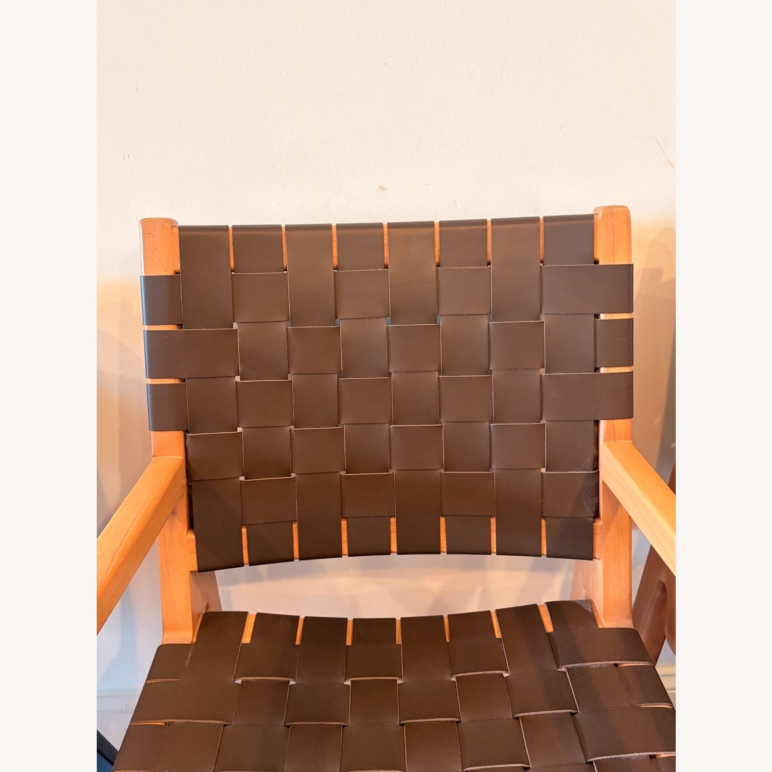 Crate & Barrel Taj Brown Woven Leather Dining Chair with Arms - image-3