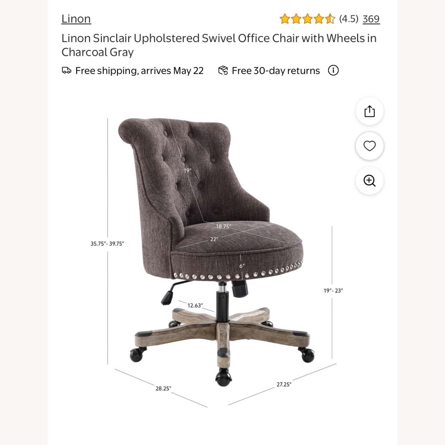 Linon Sinclair Upholstered Swivel Office Chair - image-4