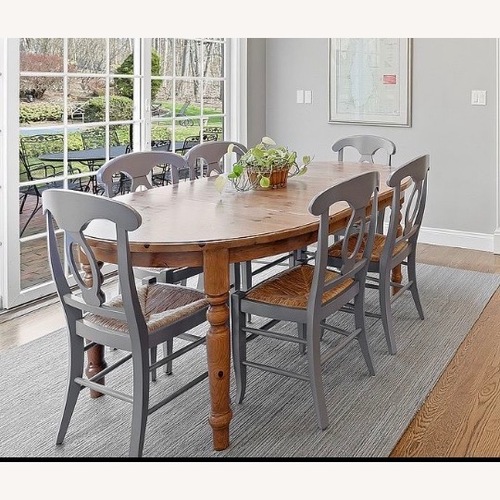 Used Natural Pine Kitchen Table w 6 Blue Chairs for sale on AptDeco