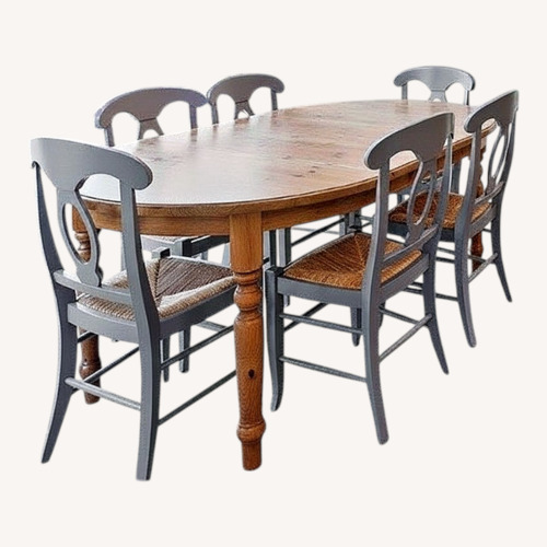 Used Natural Pine Kitchen Table w 6 Blue Chairs for sale on AptDeco