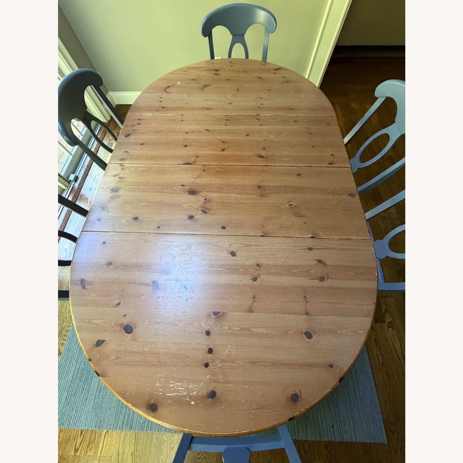 Natural Pine Kitchen Table w 6 Blue Chairs - image-4