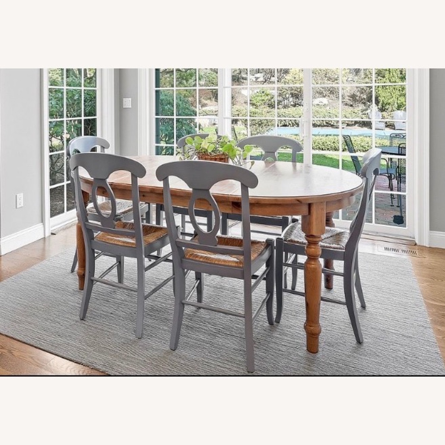 Natural Pine Kitchen Table w 6 Blue Chairs - image-2