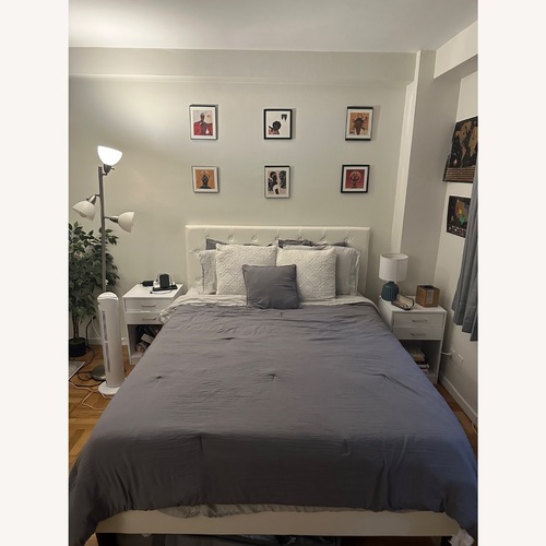 Used Amazon Sha Cerlin White Faux Leather Queen Bed for sale on AptDeco
