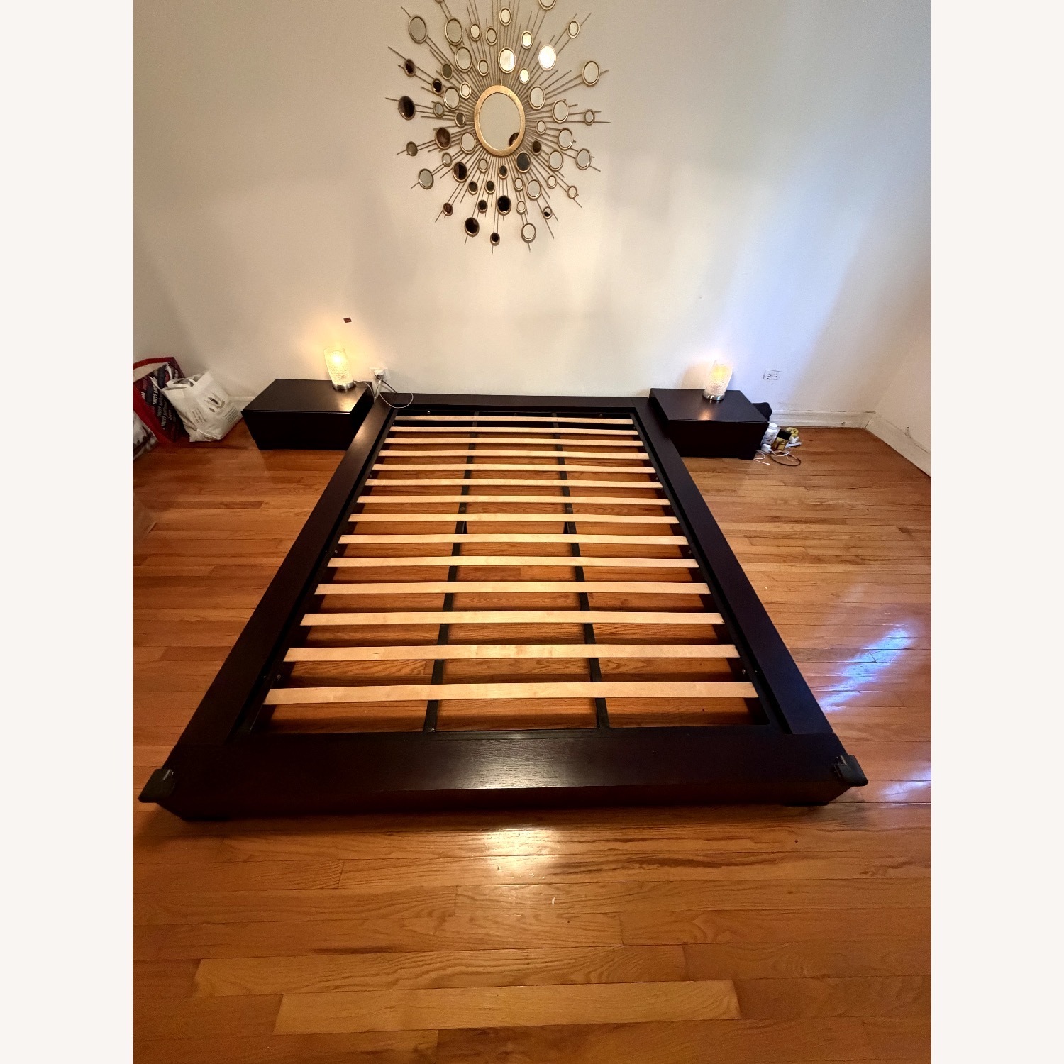 Dark Wood Low Platform Bed with Two Nightstands - image-1