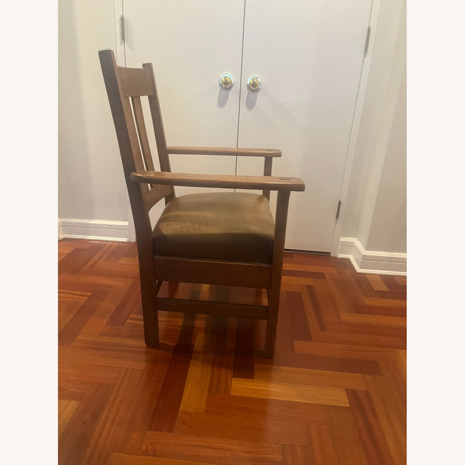 Mission Oak Style Wood Armchair Leather Seat  - image-2