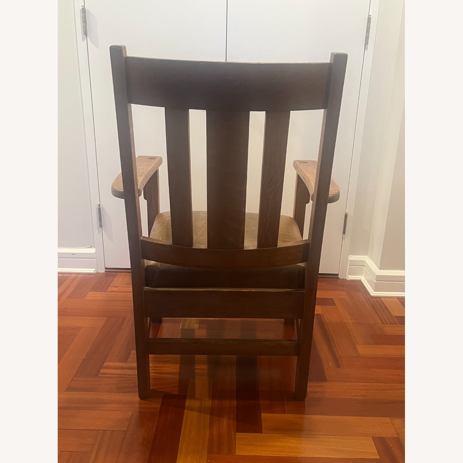 Mission Oak Style Wood Armchair Leather Seat  - image-3